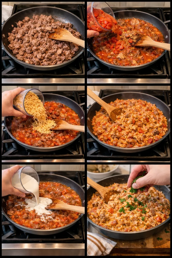 Creamy Tomato Ground Beef Orzo Dinner