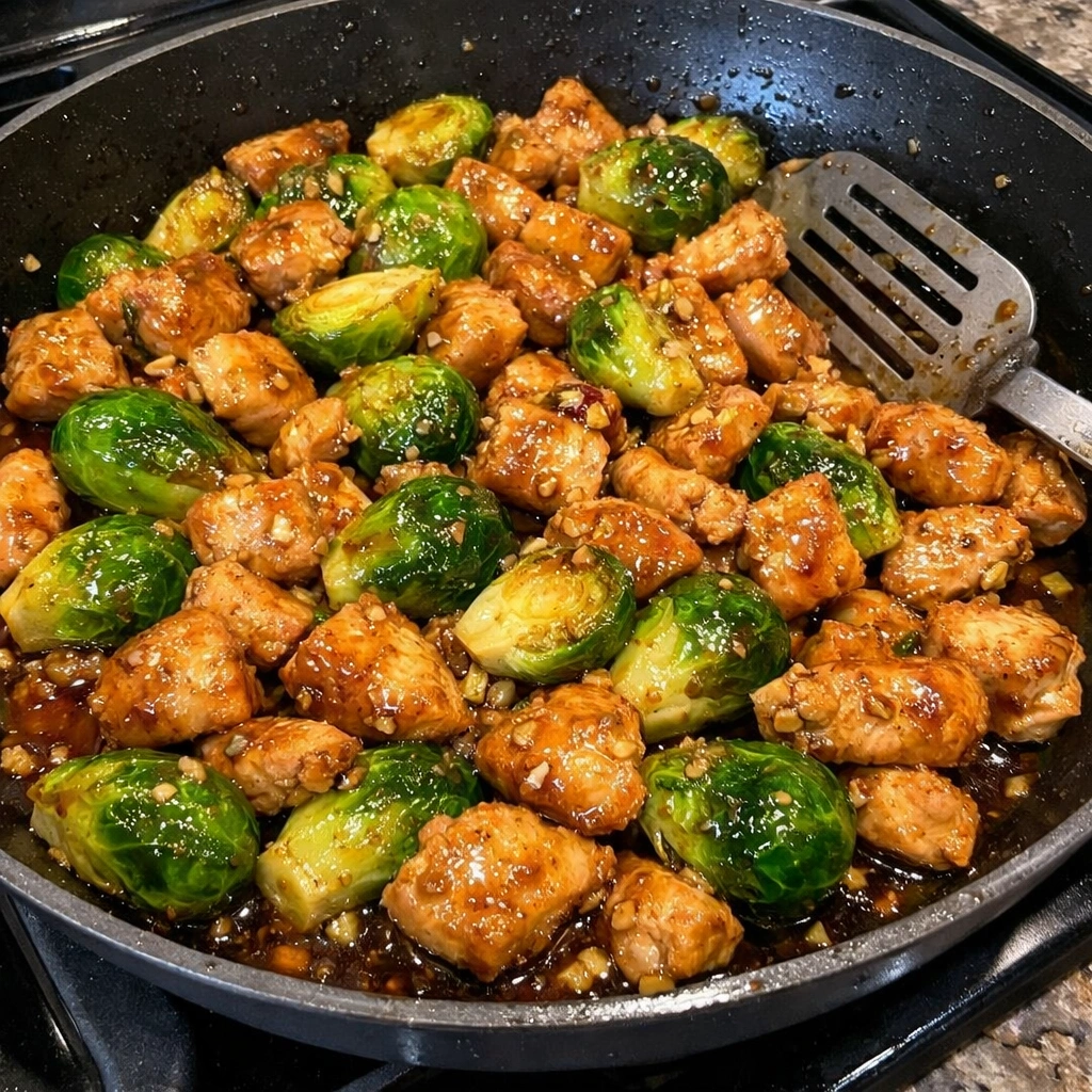 Honey Garlic Chicken Brussels Sprouts Skillet