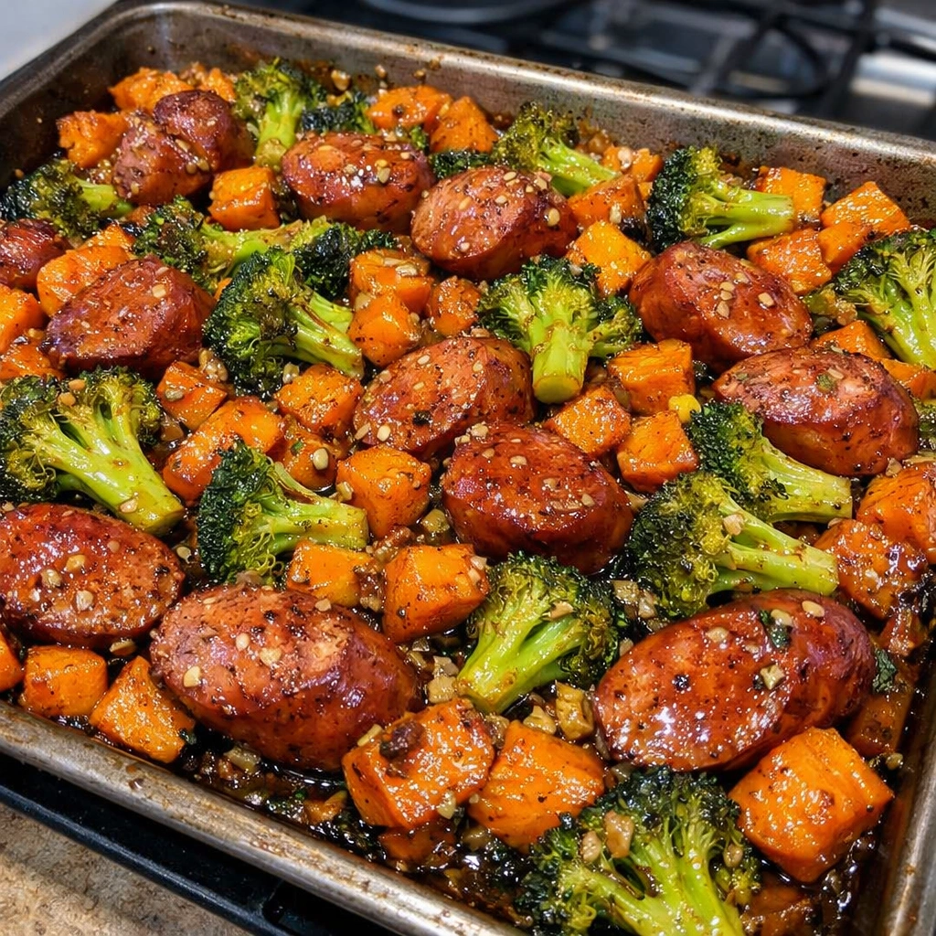 Honey Garlic Turkey Sausage and Sweet Potato Sheet Pan Dinner