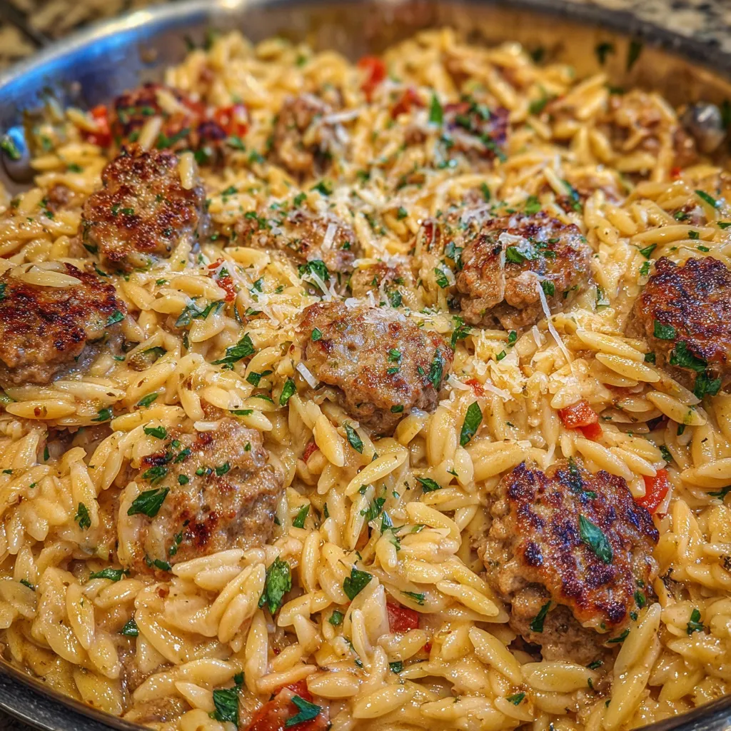 Garlic parmesan sausage orzo skillet