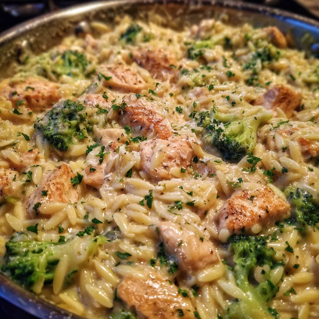 Chicken broccoli orzo skillet