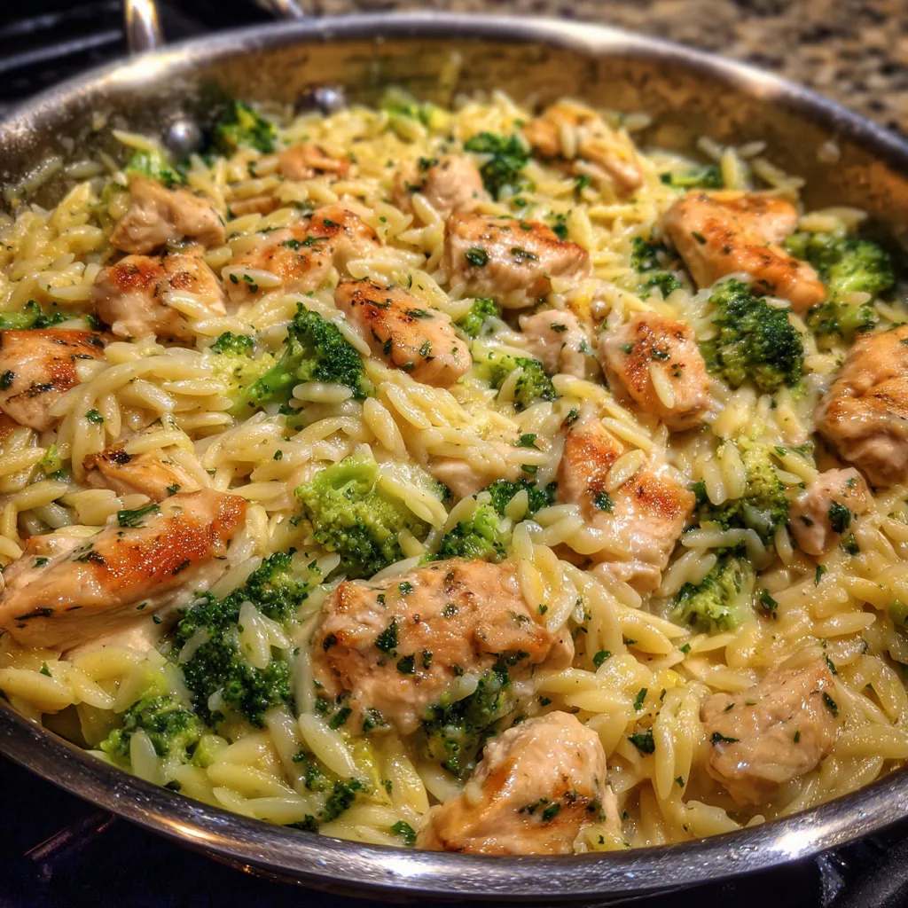 Healthy chicken broccoli orzo dinner