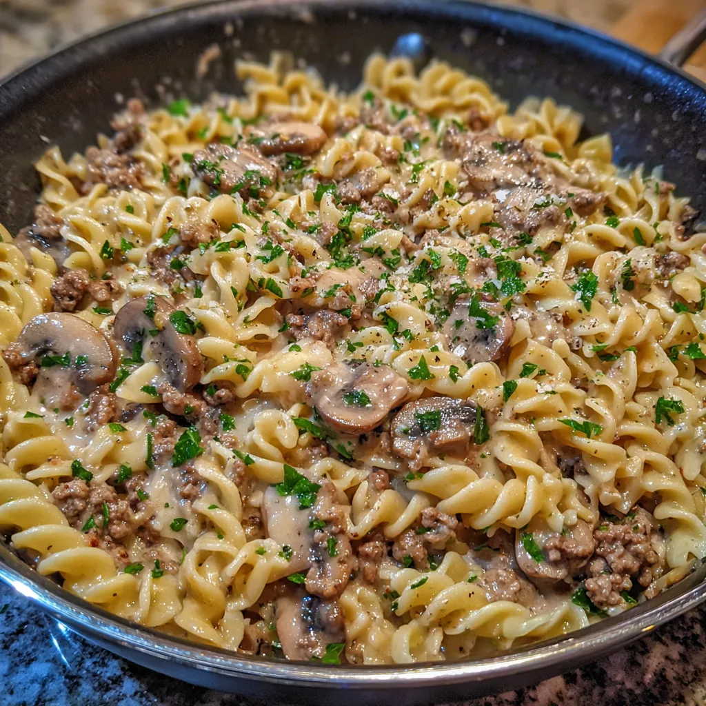 Creamy beef stroganoff noodles