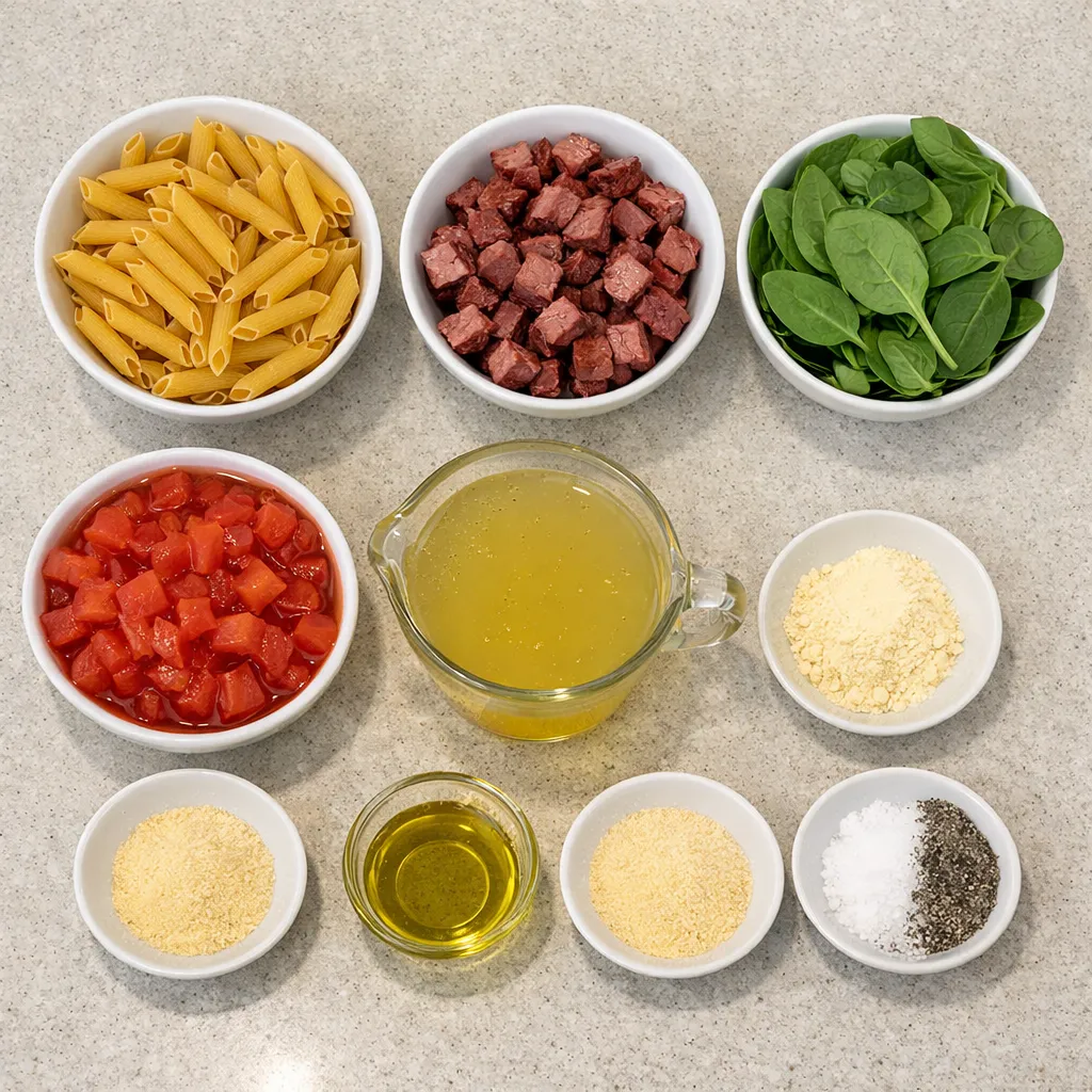 One-Pot Tomato Spinach Pasta with Smoked Beef