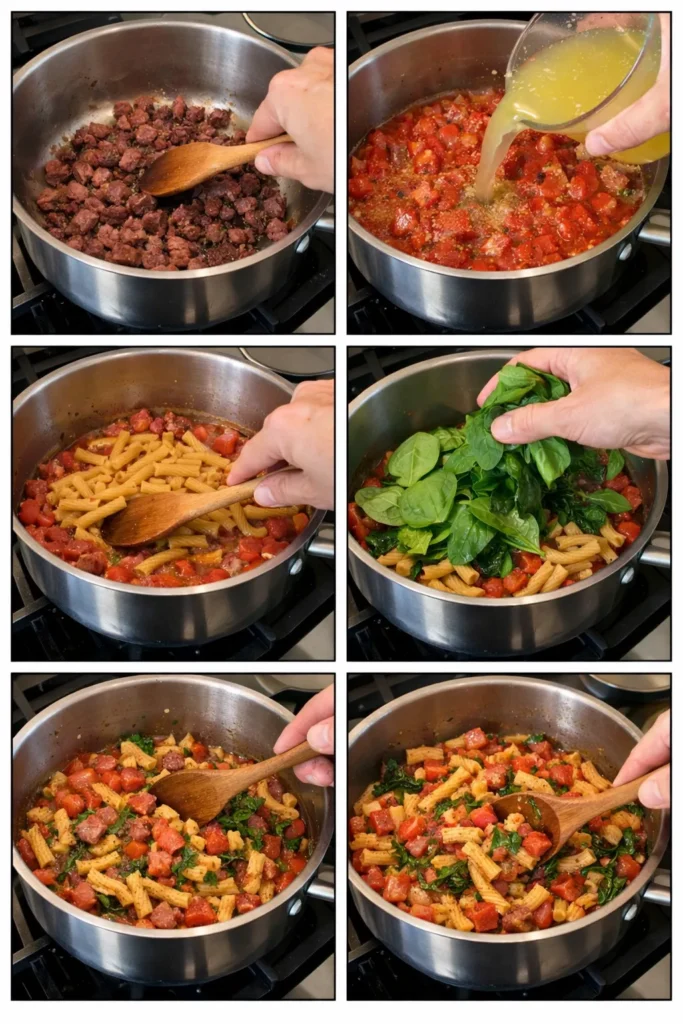 One-Pot Tomato Spinach Pasta with Smoked Beef