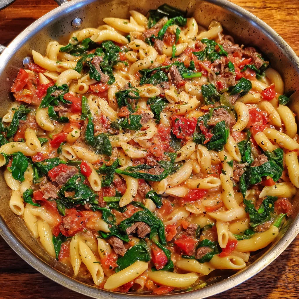 One-Pot Tomato Spinach Pasta with Smoked Beef