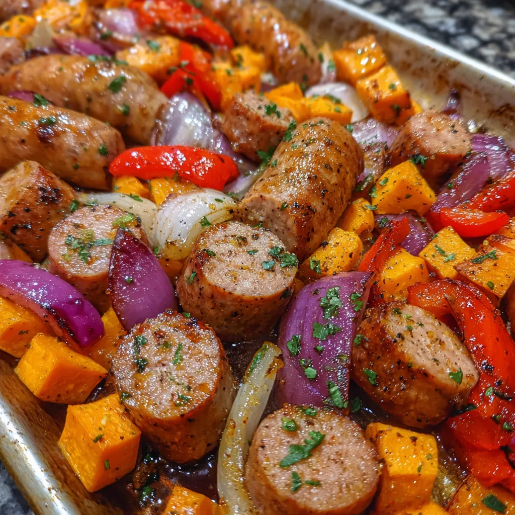 Sheet pan sausage and sweet potatoes