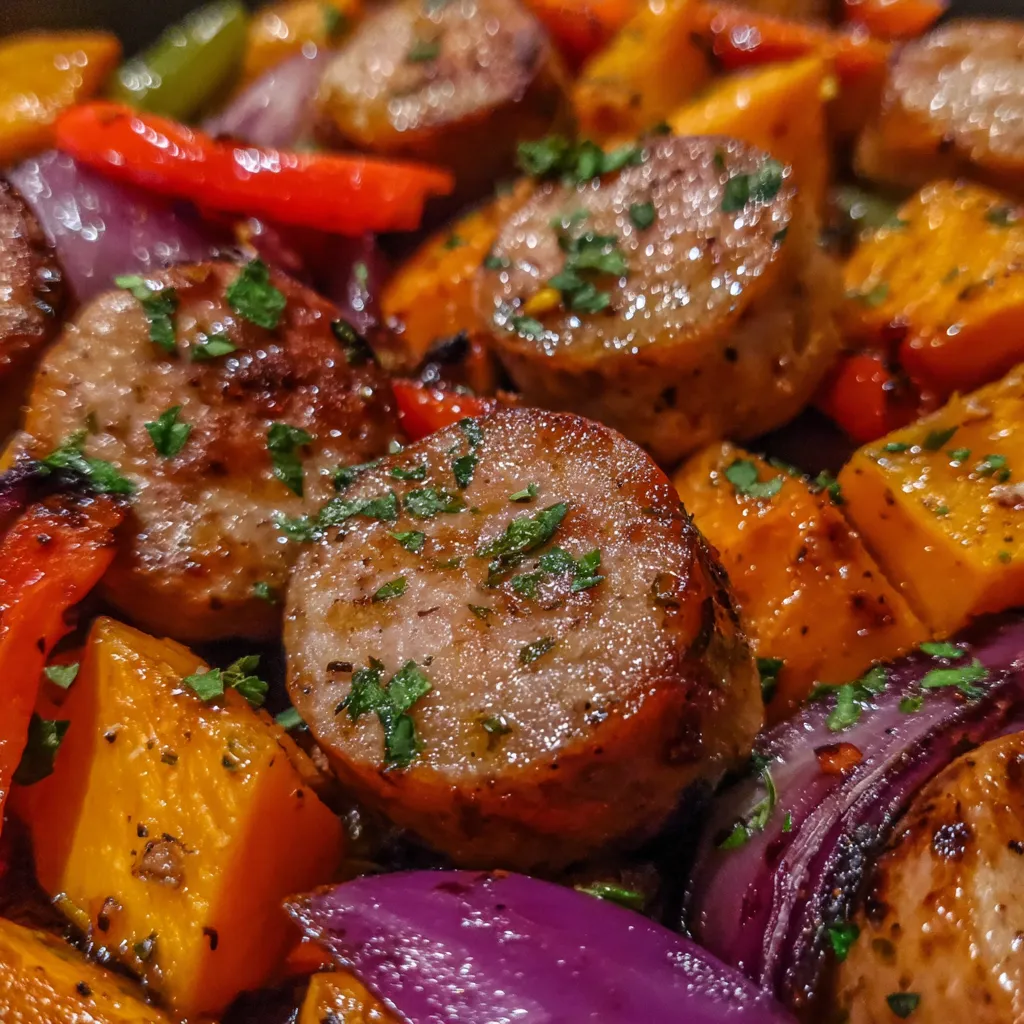 Honey garlic sausage sweet potato sheet pan
