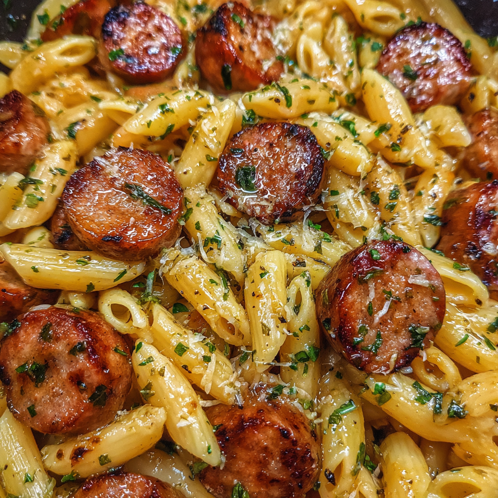 Sausage pasta in skillet
