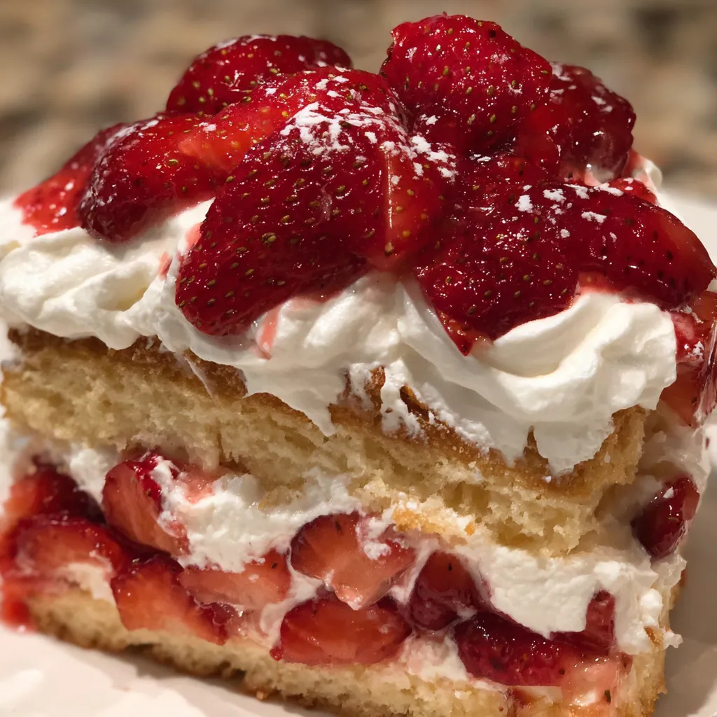Vanilla cake with strawberries and whipped cream