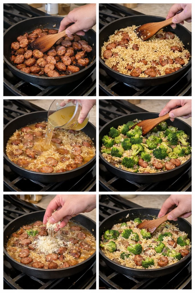 Creamy Beef Sausage Orzo with Broccoli