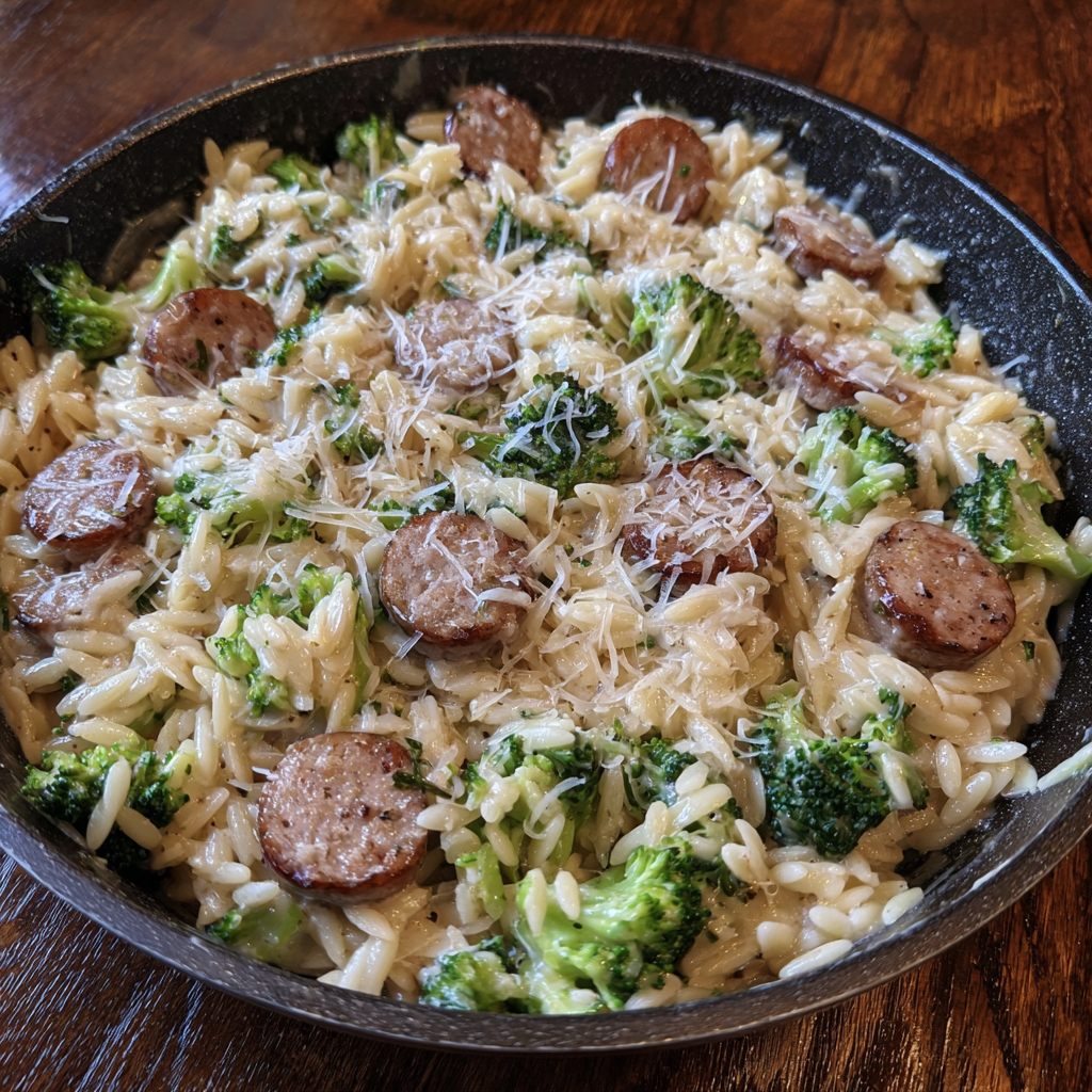 Creamy Beef Sausage Orzo with Broccoli